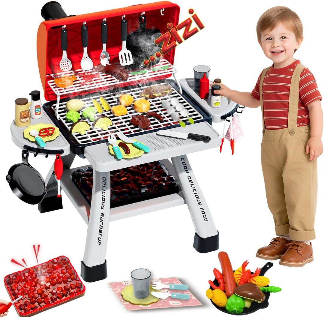 Barbecue Grill Toy Set, Kids BBQ Grill Playset with Smoke Sound Light Simulation Camping Cooking Interactive Toys Christmas Birthday Gift for Toddlers Girls Boys 2-6