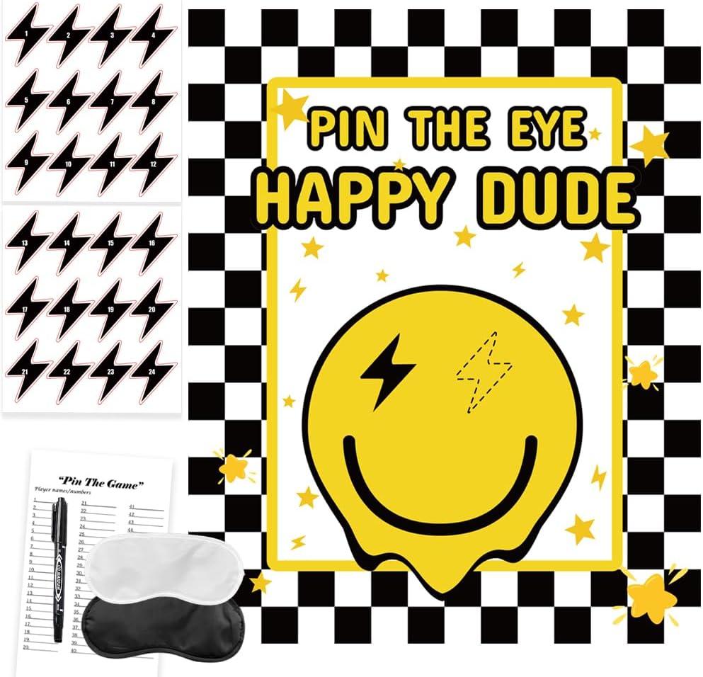 ONE Happy Dude Party Games Pin The Eye on The Dude Kid Game for Smiley Face One Cool Dude 1st Birthday Party Decorations Favors Supplies 24 Sticker