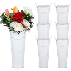 6 Pcs 10 Inch Galvanized Flower Bucket and Metal Vase with Handles Buckets Vintage Metal Vases for Flower Centerpieces Floral Wedding Arrangements Cut Flowers for Home Deco