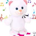 Hopearl Talking Kitty Singing Cat Repeats What You Say Walking Electric Interactive Animated Toy Speaking Plush Buddy Gifts for Toddlers, White, 8''