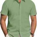 J.VER Men's Short Sleeve Dress Shirts Stretch Stain Shield Casual Button Down Shirts Solid Formal Shirt (Green, XXL)