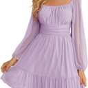 Wenrine Women's Mesh Long Sleeve Square Neck Dress High Waist A Line Ruffle Hem Flowy Casual Party Mini Dress (Light Purple) S