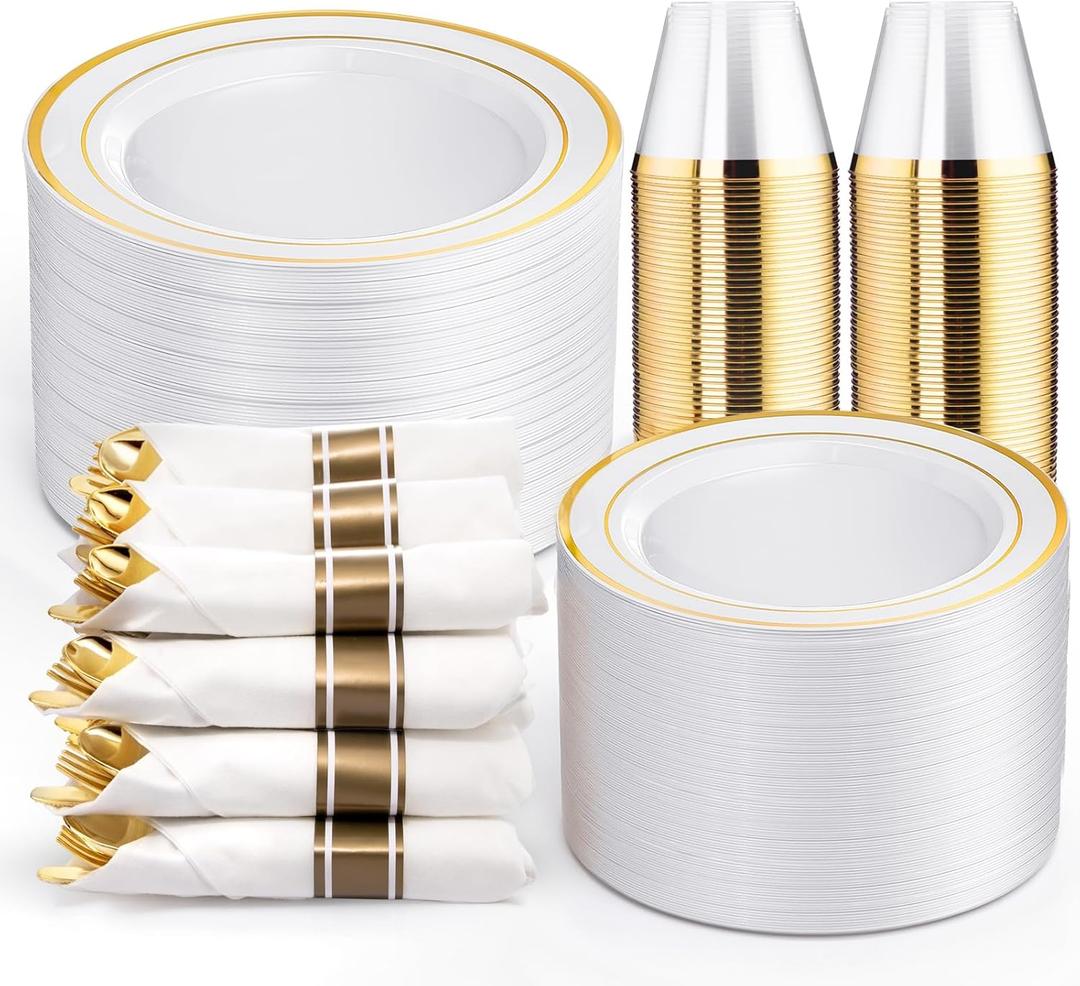 WELLIFE 350Pcs White and Gold Plastic Plates for 50 Guests - Plastic Dinnerware Set, Includes 100 Gold Plates,150 Silverware,50 Napkins,50 Cups for Party,Disposable Plates for Party