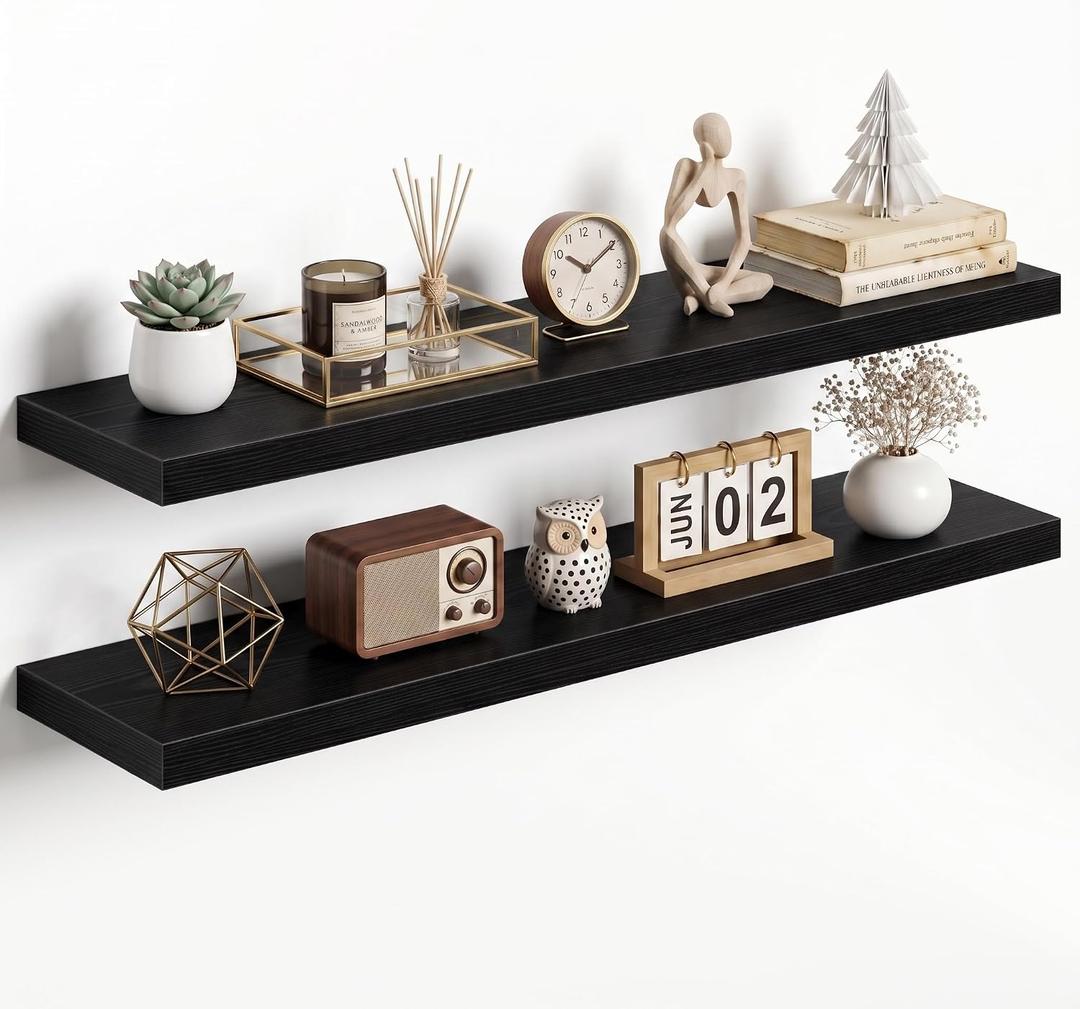 Dreamland 40Inch Black Floating Shelves 9.3" Deep Wall Mounted Set of 2