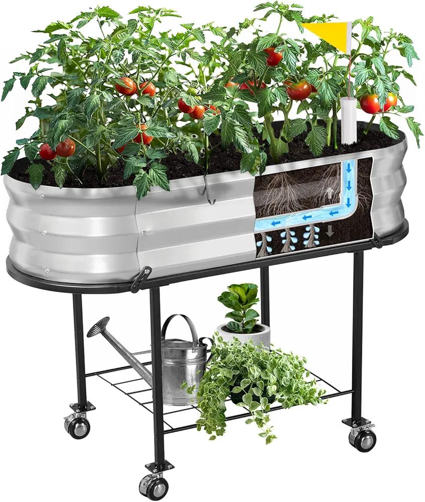 Raised Garden Bed with Legs and Wheels, Self-Watering Planter Box, Wicking Bed, Galvanized Metal Elevated Raised Bed Cart with Drainage Hole and Liner for Indoor Outdoor Gardening