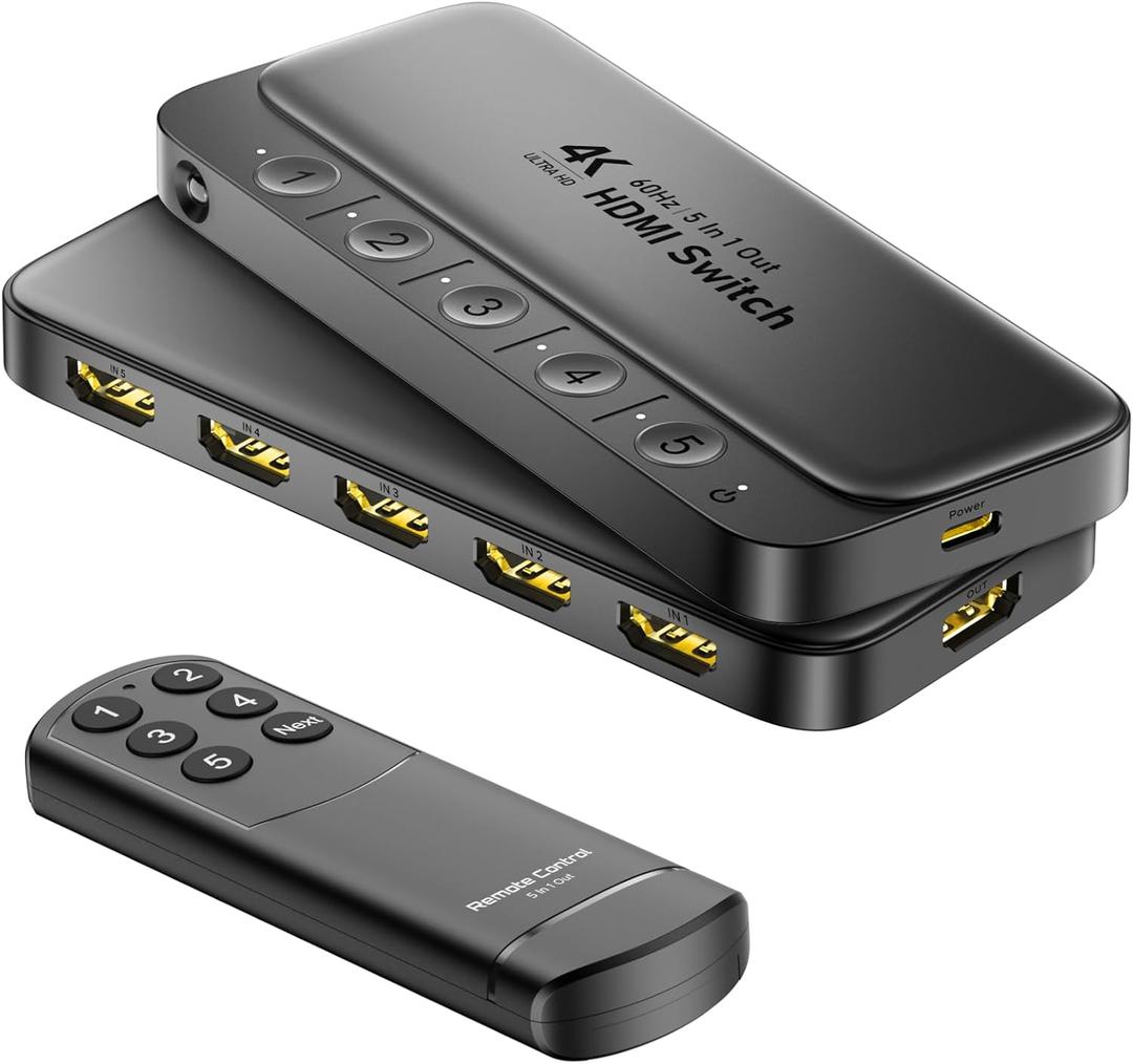 ByteWave HDMI Switch 5 in 1 Out with Remote - 4K@60Hz, HDCP2.3, HDR, 3D, Dolby Support, Multi HDMI Port Selector Box, 5x1 Game Switcher Hub Compatible with PS5, Switch1/2, Xbox, Roku, TV Stick - Black