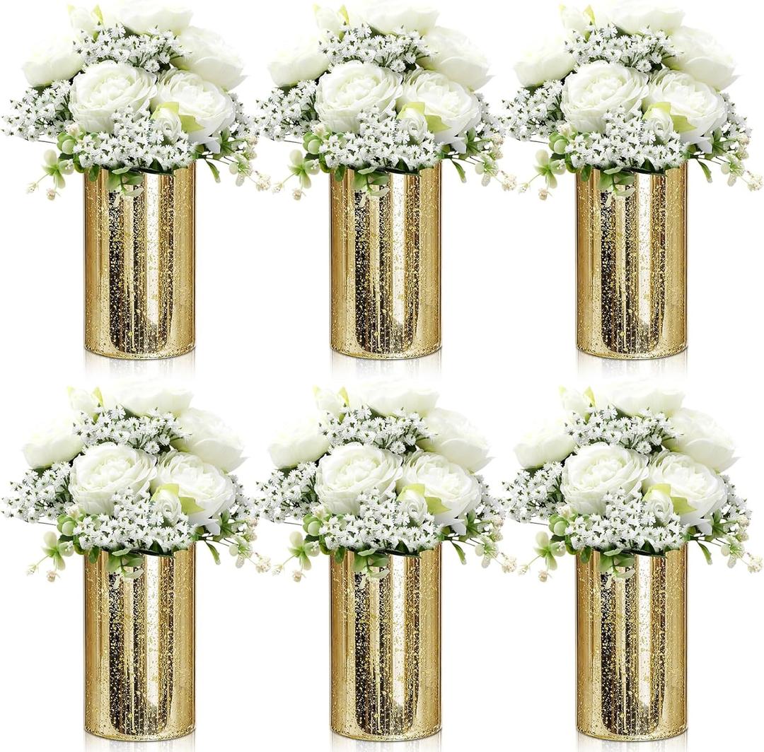 6 Sets Gold Cylinder Candle Vases Centerpiece with Flower for Table Artificial Peony with Baby's Breath Flowers Hurricane Candle Holder Mason Jars for Wedding Bridal Shower(White)