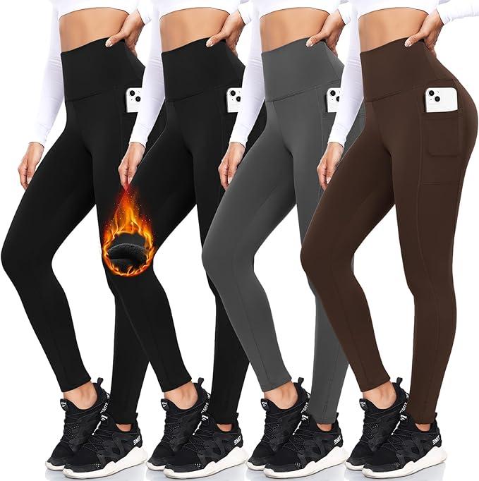 FULLSOFT 4 Pack Fleece Lined Leggings with Pockets for Women High Waisted Thermal Winter Warm Yoga Pants for Workout Running, Size: Large-X-Large
