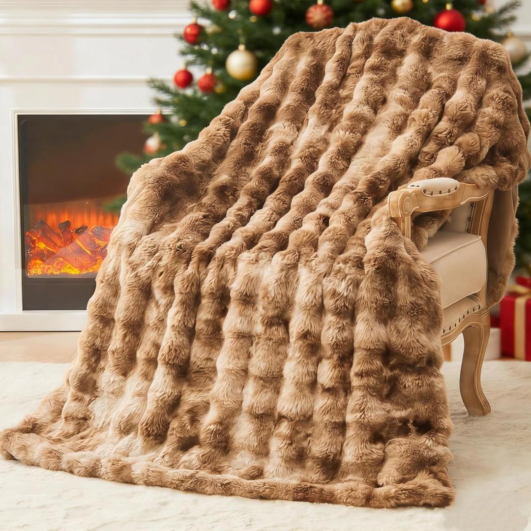 EMME Faux Fur Throw Blanket Tie Dye Brown - Big Bubble Rabbit Cozy Blanket for Couch, Small Fluffy Fuzzy Cozy Blanket, Thick Furry Plush Shaggy Blankets, 650GSM, 50x60 Inches