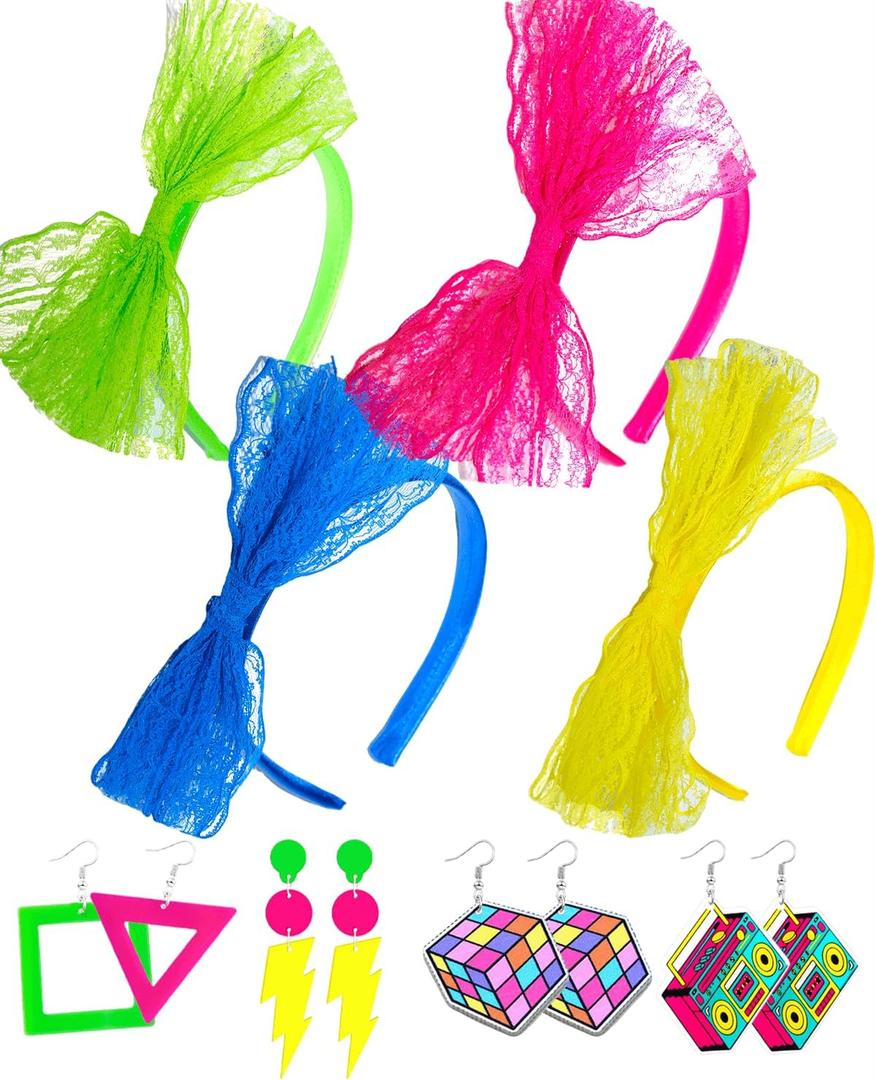 8 Pack 80s Earrings and Lace Headband with Bow for Women 80's Neon Accessories for Halloween Costume Retro 80 S Theme Party Outfit