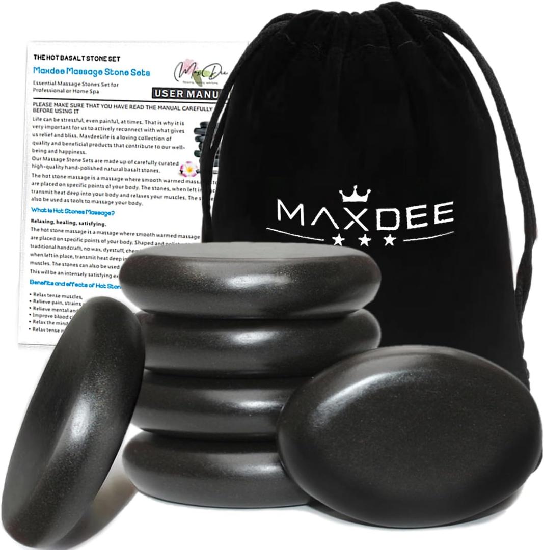 Maxdee Massage Stones Essential Hot Stones for Massage, 6 Large Hot Stones Massage Kit Hot Rocks Massage Stones for Professional or Home Spa, Foot Heater, Relaxing, Pain Relief, 2.4"*3.14"
