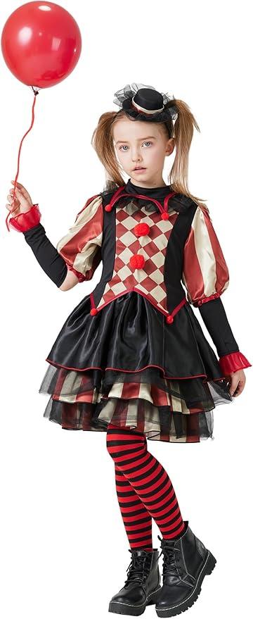 Clown Costume for Girls, Scary Jester Dress Set with Headpiece Socks Stickers Balloons for Kids Halloween Party
XS