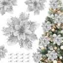 36 Pcs Glitter Poinsettia Flowers Artificial Ornaments Fake Flowers Christmas Decorations Glitzy Poinsettia with Clips Christmas Decor for Xmas Tree Wreaths Ornaments (Silver)