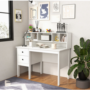 48 Inch Computer Desk with Drawers Power Outlets and 5-Cubby Hutch-White, CB10530US-WH