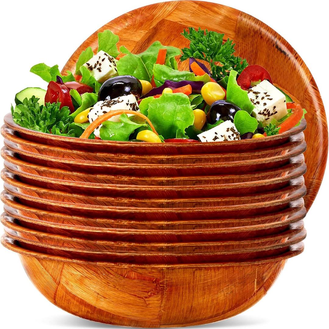 12 Pcs Wooden Salad Bowl Set for Lunch Stackable Wooden Woven Bowl Round Serving Dishes for Kitchen Fruit Vegetable Salad Snack (6 Inch)