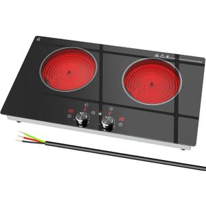 2 Burner Electric Cooktop 24 Inch, 4000W Electric Stove Top with Built-in Design, 220-240V Knob Control Radiant Ceramic Cooktop with Safety Lock, 9 Level Power, Timer - Hard Wire