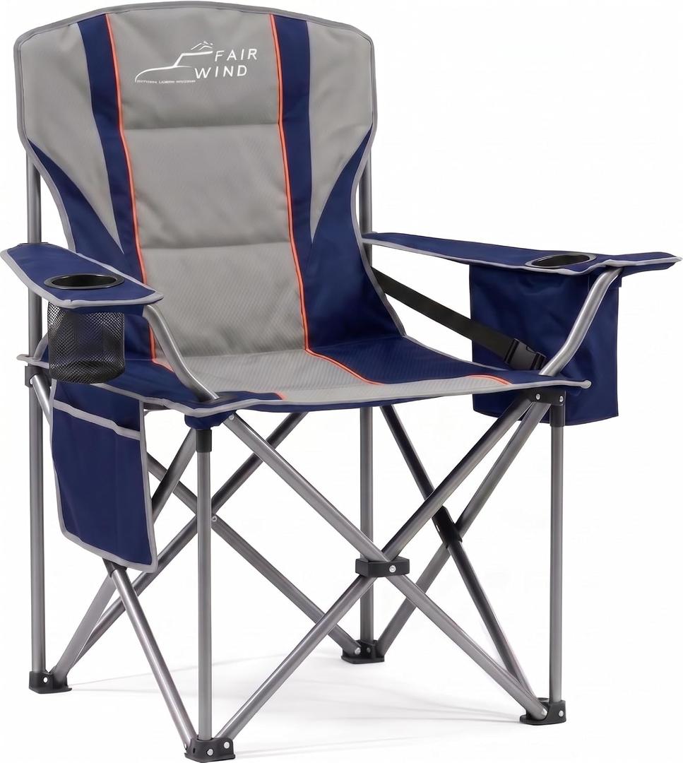 FAIR WIND Padded Camping Chair 500LBS Capacity Heavy Duty Oversized Folding Chair for Heavy People Portable Lawn Chair with Adjustable Lumbar Support, Cooler Bag & Cup Holder for Outdoor, Beach, Single Pack