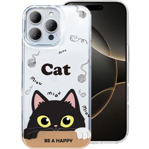 Compatible with iPhone 16 Pro Max 6.9 Case Cute-Black Cat Shockproof Funny Clear Phone Cover for Girls Cat Lovers