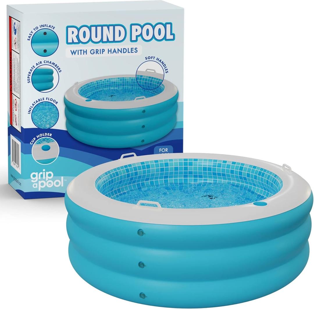 Inflatable Round Swimming Pool with Blow Up Padded Floor, Cup Holder, Handles and Drain - 60"x22" Deep Round Large Kiddie Pool Perfect for Adults and Kids Ages 4 5 6 7 8+