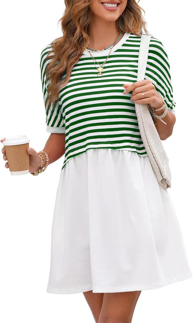 Acelitt Women Casual Summer Short Sleeve Crewneck Striped Dresses Loose Tshirt Dress,S-2XL (S)