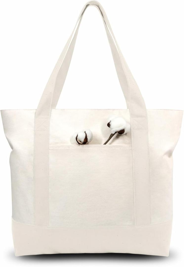 TOPDesign 1-Pack Canvas Tote Bag with an External Pocket, Reusable Grocery Shopping Bag, Top Zipper Closure, Daily Essentials (Natural)