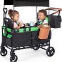 2-in-1 Wagon Stroller for Two Kids – Foldable Push & Pull All‑Terrain Wagon with Canopy, 5‑Point Harnesses,Removable Snack Tray,Storage Bag, Lightweight, Compact Trunk-Friendly Fold – Green