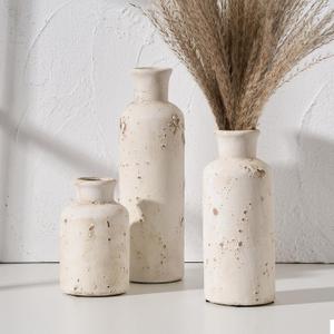 SIDUCAL Ceramic Rustic Farmhouse Vase Set of 3, Whitewashed Terracotta Vase, Pottery Vase,Clay Decorative Vases for Home Decor, Living Room, Shelf, Mantel Decoration(Rustic White)