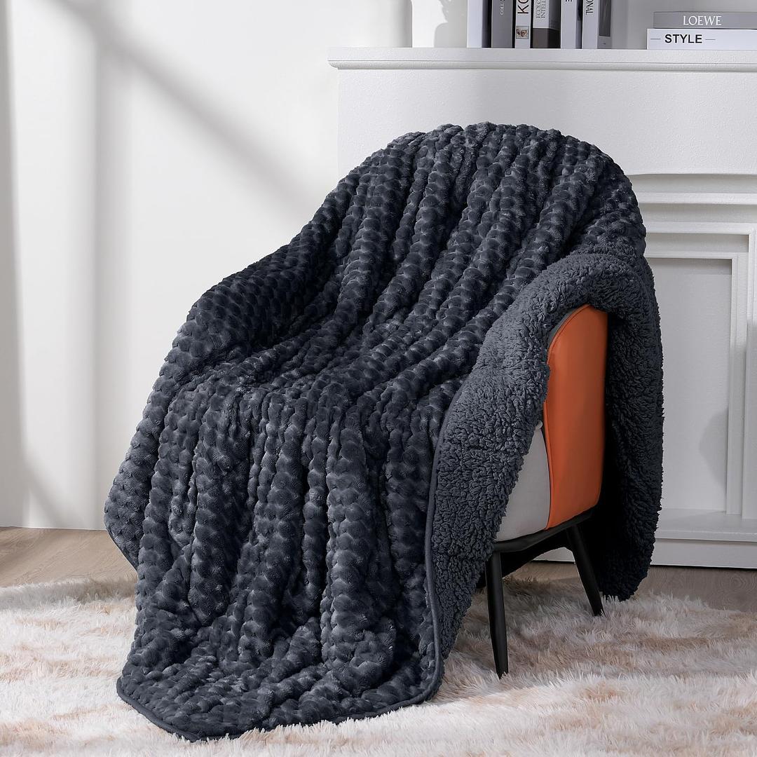 Topblan Weighted Blanket for Adults, 48" x 72" 15lbs, Soft Sherpa Twin Size Heavy Blanket with 3D Jacquard Turtle Shell Flannel Fleece for Couch and Bed (Dark Grey)