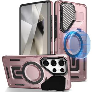 Magnetic Case for Galaxy S25 Ultra with Kickstand, Compatible with MagSafe, [Camera Lens Protector] Heavy Duty Shockproof Military Grade Stand Phone Case for Samsung Galaxy S25 Ultra (Pink)
