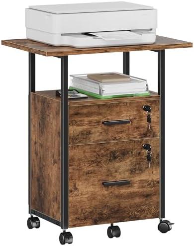 GYIIYUO 2 Wood Drawer File Cabinet with 22'' Extended Desktop and Lock, Mobile Filing Cabinet with Side Bag, Rolling Printer Stand, Fits A4&Letter Size, Home Office, Rustic Brown