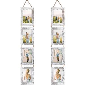 Lavezee 4x6 Hanging Collage Picture Frames Set of 2, 8 Opening Vertical Frame Made to Display 4 by 6 Inch Photo for Wall Decor, Distressed White