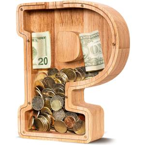 ELX Wooden Piggy Bank for Kids Boys, Personalized Letter Money Bank, Safe & Durable Savings Box for Toddlers Girls, Gifts for Birthday Holiday Christmas