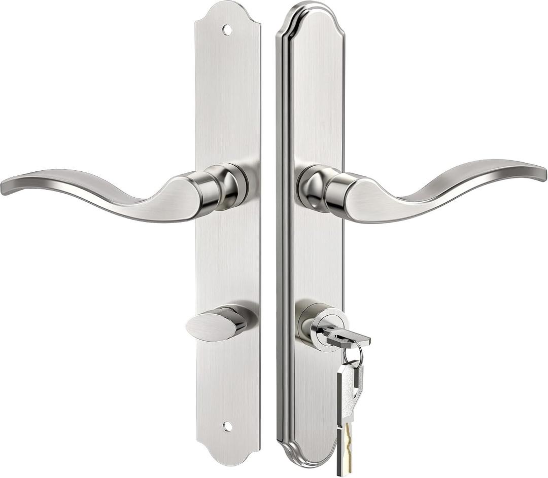 Flat Slot Storm Door Handle Complete Set, Mortise Keyed Lever Mount Latch with Deadbolt for Screen and Storm Doors, Polished Nickel