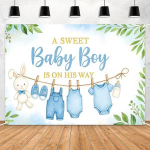 Blue Baby Shower Decorations for Boy, 7x5ft A Sweet Baby Boy is On His Way Backdrop, Clothesline Bunny Banner for Gender Reveal, Photo Booth Background, Baby Boy Shower Party Supplies