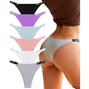 FINETOO Women's Underwear Cotton High Cut String Bikini Panties Low Rise Hipster Ladies Sexy Cheeky Underwear 6 Pack M