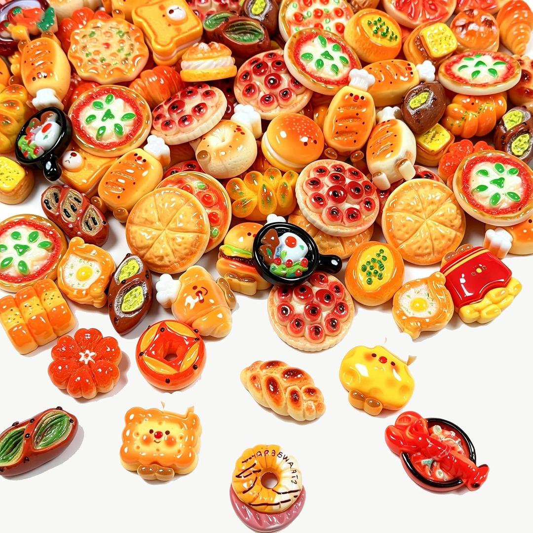 100Pcs Random Mini Food Resin Charms - Kawaii Flatback Mini Resin Figures for Crafts, Slime, Decoden, DIY Jewelry Making, Phone Case Decor & Nail Art