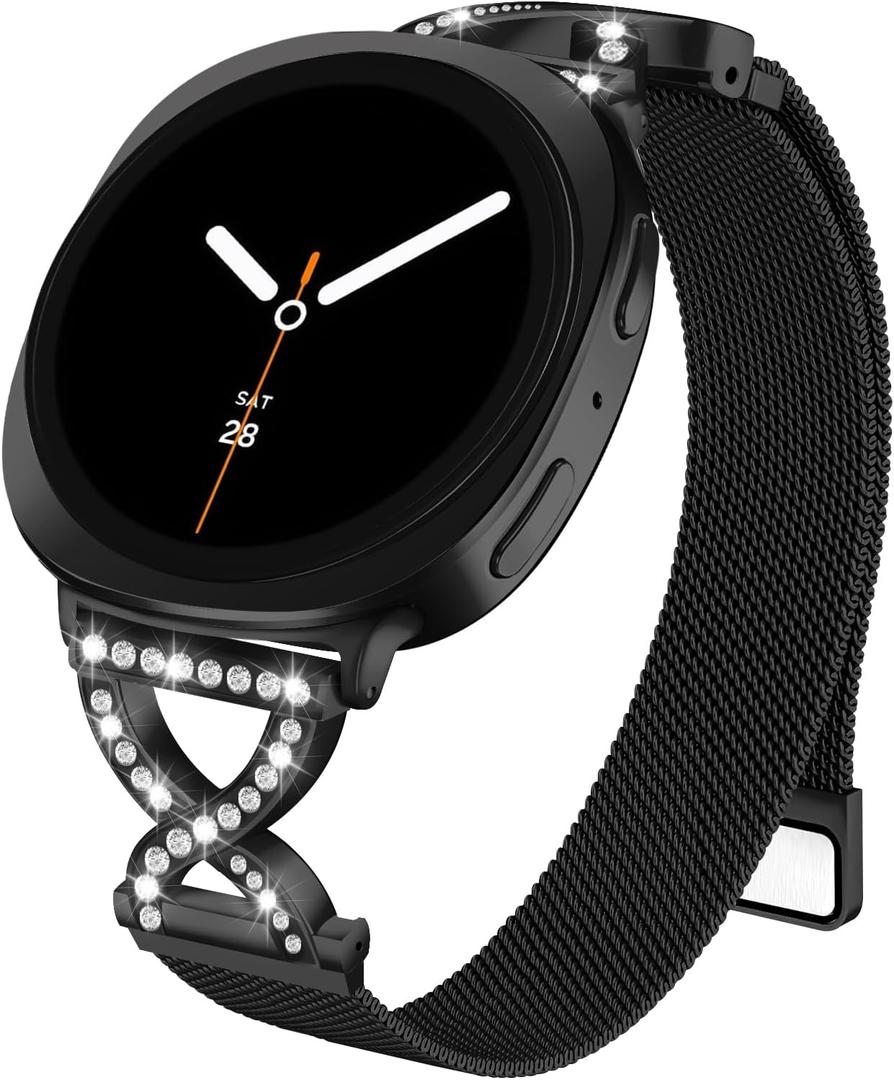 Metal Magnetic Band Compatible with Samsung Galaxy Watch 8 40mm 44mm/Galaxy Watch 8 Classic 46mm,Stainless Steel Dressy Mesh Loop with X-Shape Diamond Women Men