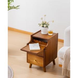 Narrow Nightstand, Solid Wood Night Stand for Small Spaces, Couch, Walnut Color 11.81in Wide