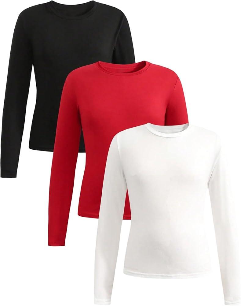 SOLY HUX Girl's Long Sleeve T-Shirts 3 Packs Basic Tops Crew Neck Fitted Tees Fall Clothes, Small, Red Black White