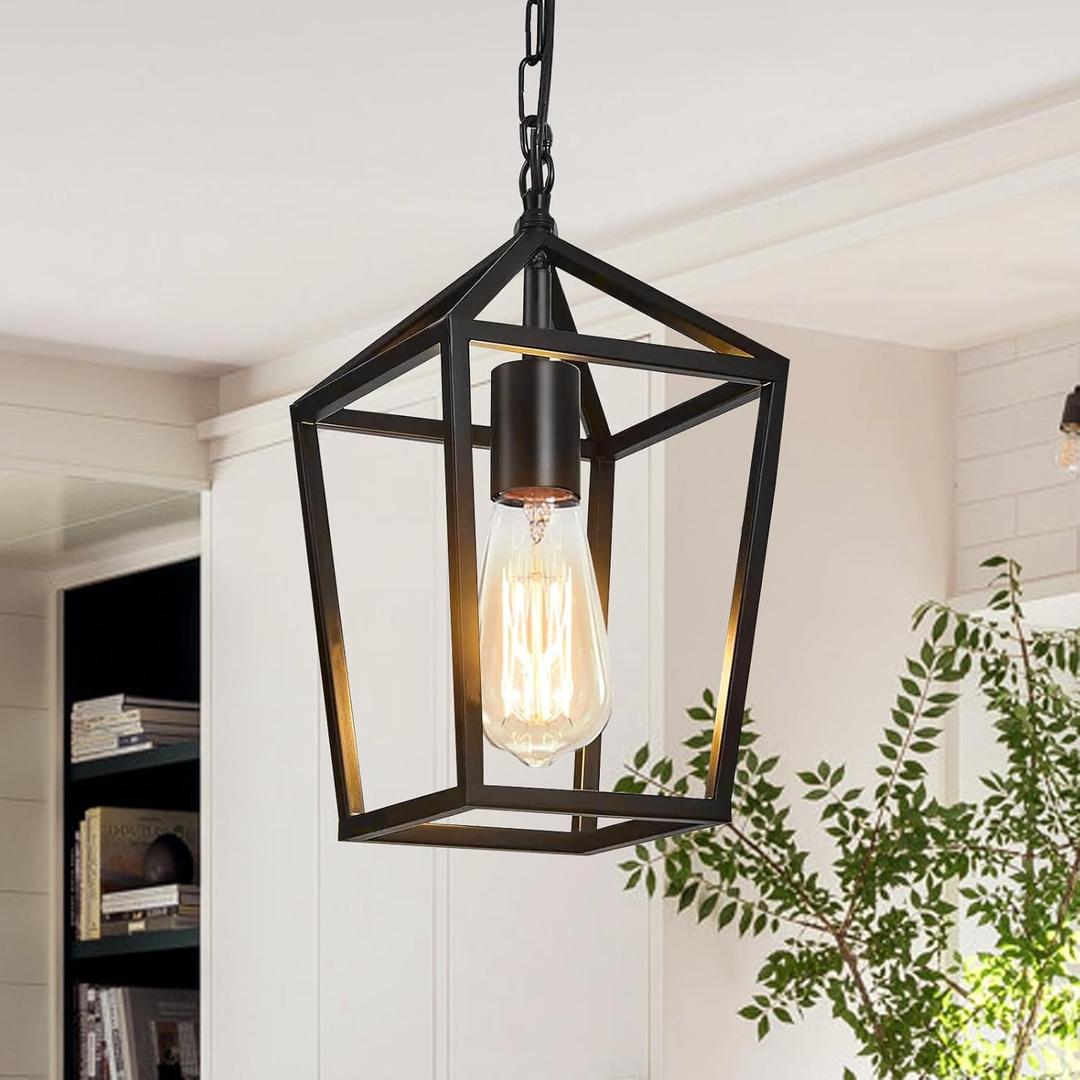 Farmhouse Industrial Chandelier, Adjustable Light Pendant for Kitchen Island, Dining Room, Vintage Black Metal Linear Lighting