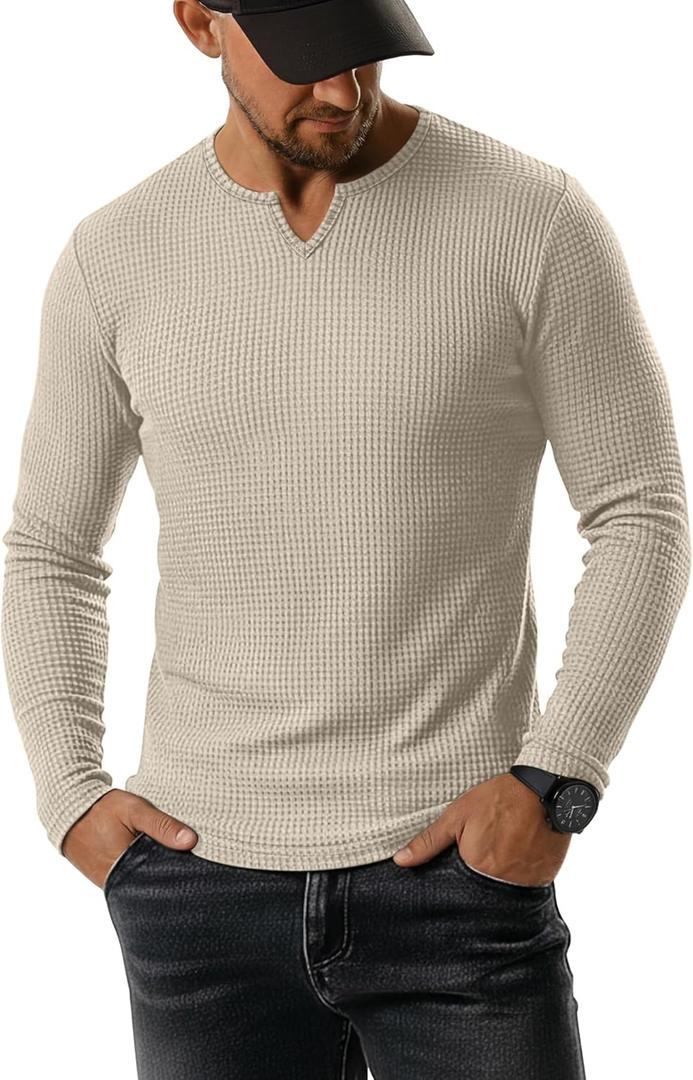 Men's Waffle V Neck Shirt Long Sleeve Thermal Pullover Top Casual Stretch Lightweight Undershirt (Medium, Khaki)