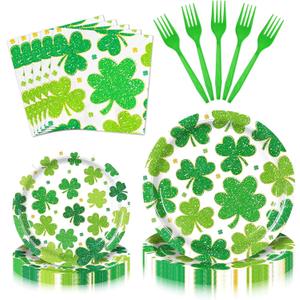 100 Pcs St. Patricks Day Tableware Party Supplies  Disposable Shamrock Dinnerware Set with Paper Plates, Napkins, and Forks for Irish Party, St. Paddys Day Celebrations  Serves 25