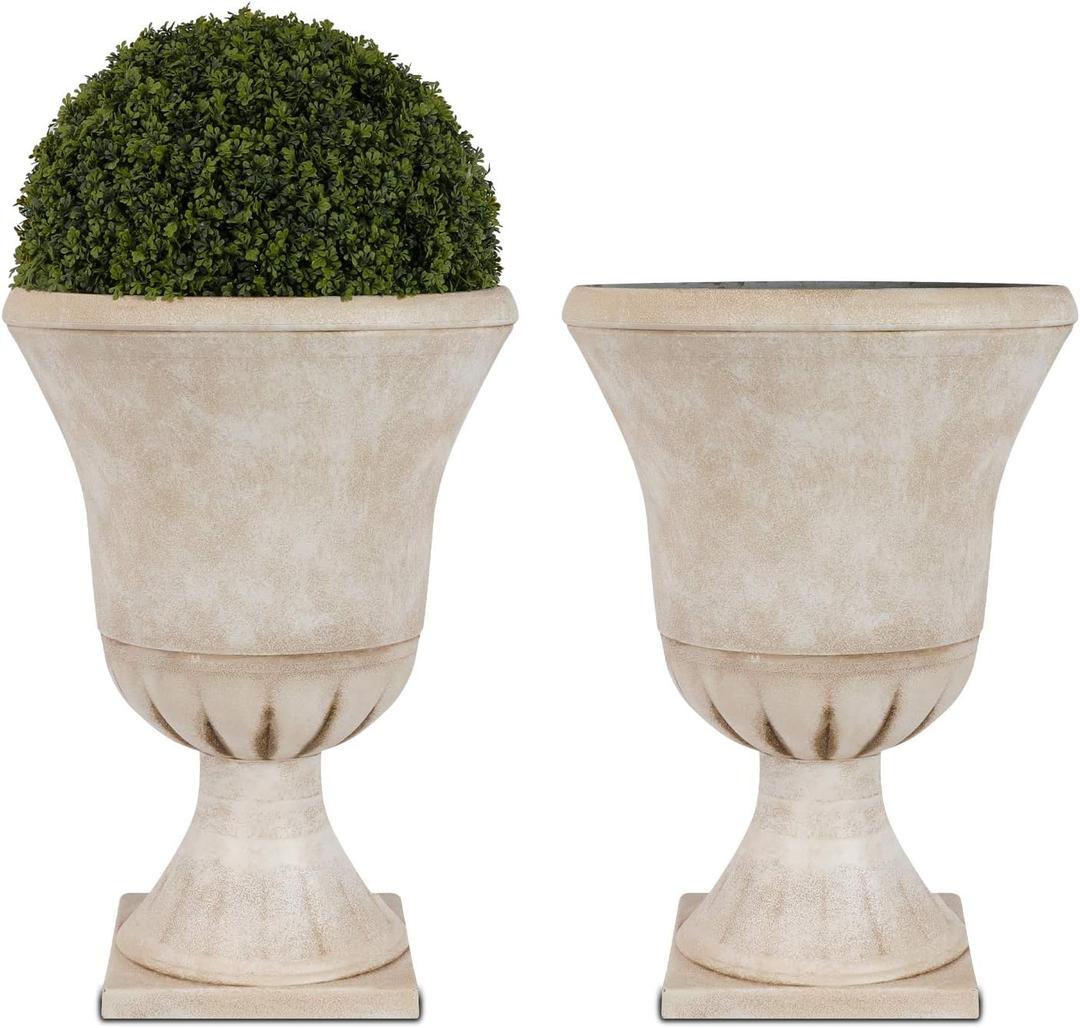 Worth Garden 1-Pack Plastic Urn Planters for Outdoor Plants, 22''  Tall Round Classic Resin Traditional Flower Pots - 15 in. Dia. Large Imitation Stone Decorative Pot Patio Deck Front Porch