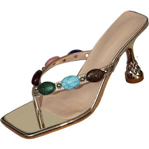 MakeMeChic Women's Gold Kitten Heels Summer Beach Thong Sandals Square Toe Jeweled Flip Flop (6.5)