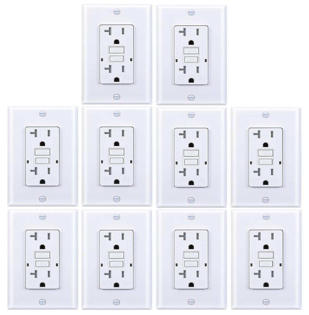 20 Amp GFCI Outlet, Tamper-Resistant, Weather Resistant Receptacle Indoor or Outdoor Use, LED Indicator with Decor Wall Plates and Screws UL Listed, White (10 Pack)