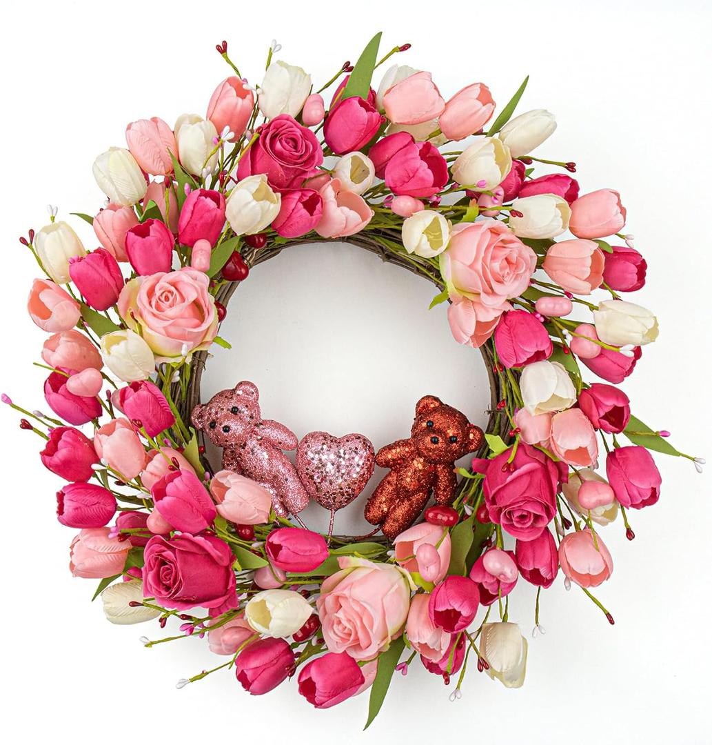 J'FLORU Valentines Day Decorations Romantic Valentines Day Gifts 22 Inch Valentine's Day Wreath with Lovely Bear Heart Roses Tulips for Valentine Party Anniversary Candlelight Dinner
