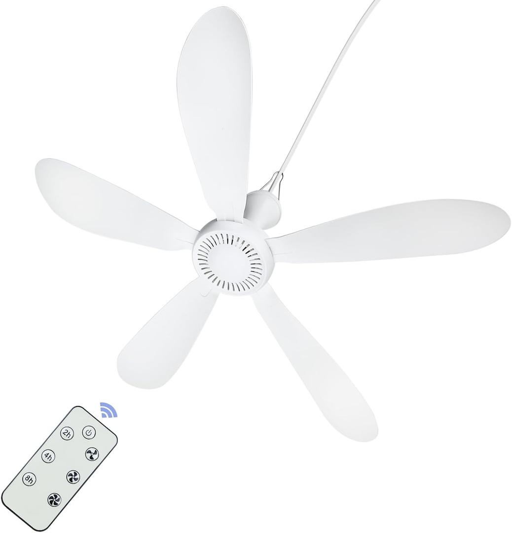 28" AC 110V Portable Ceiling Fan with Remote Control Timing 3 Speed, Plug in Ceiling Fan Hanging Fan for Gazebo Camping RV Tent Home Room Outdoor Indoor