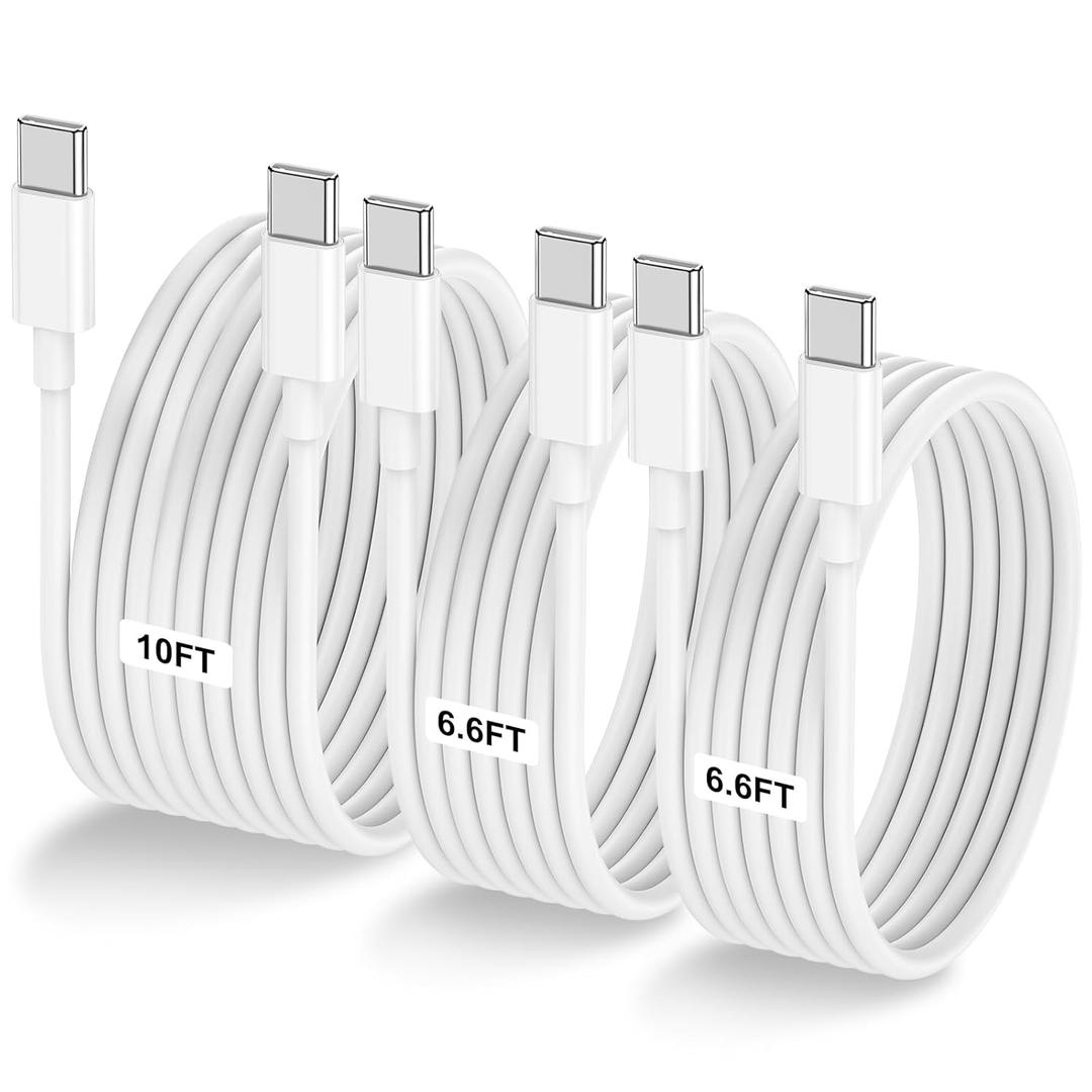 3-Pack [6.6FT+6.6FT+10FT] 60W USB C to USB C Cable, Type C Fast Charging Cable for iPhone Air 17 16e 16 15 Pro Plus Pro Maxfor Galaxy S25/S24, for iPad Pro/Air/mini, for MacBook Pro/Air and More (White)