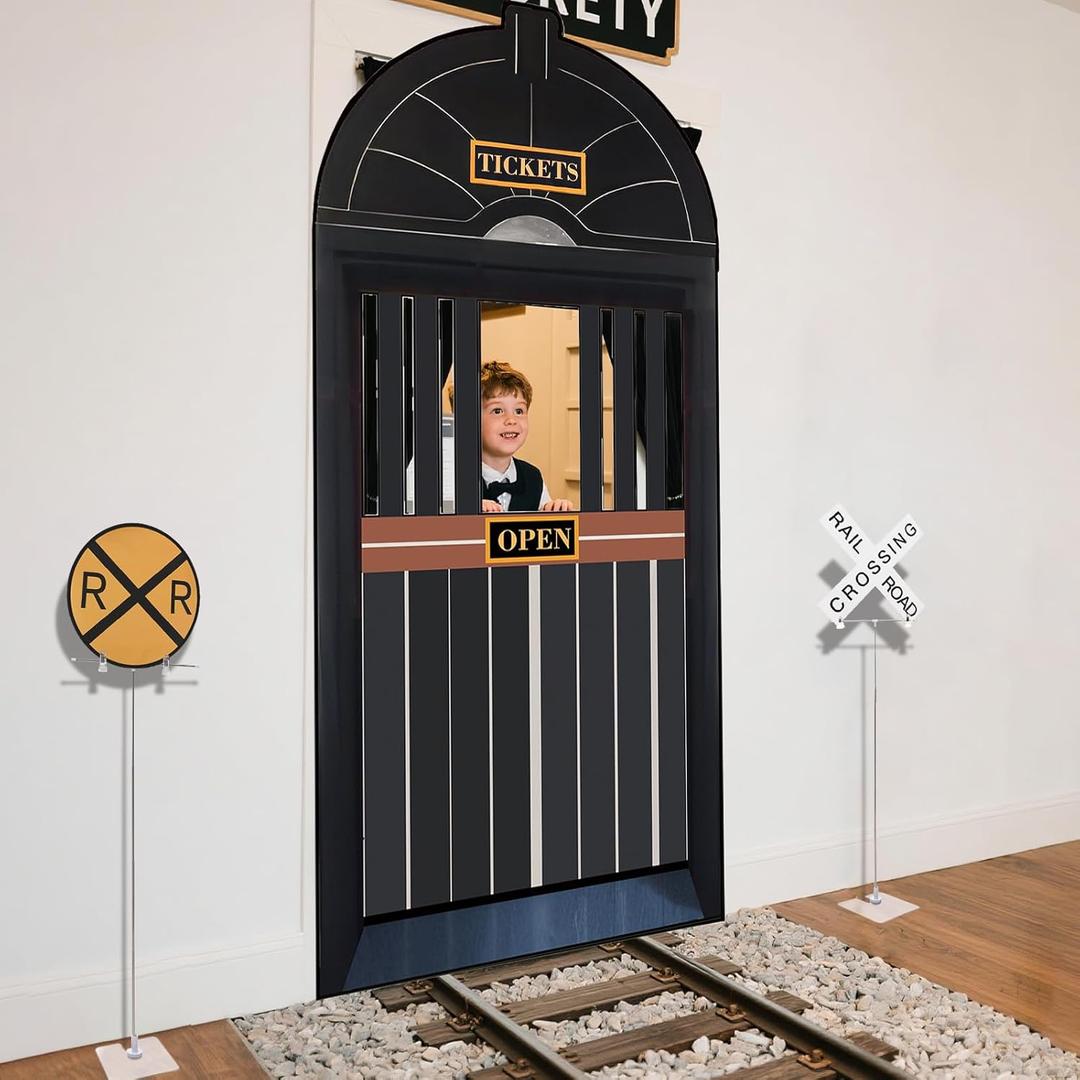 Preboun 5 Pcs Train Party Decorations Train Ticket Station Hall Door Curtain Banner Decor 11-37'' Railroad Crossing Sign Door Cover for Birthday Party School Classroom Photo Backdrop Home Decor
