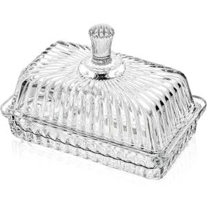 Clear Crystal Butter Dish with Lid, 6.2" Covered Glass Butter Dish with Cover Long Handle, Crystal Glass ButterTray for Countertop